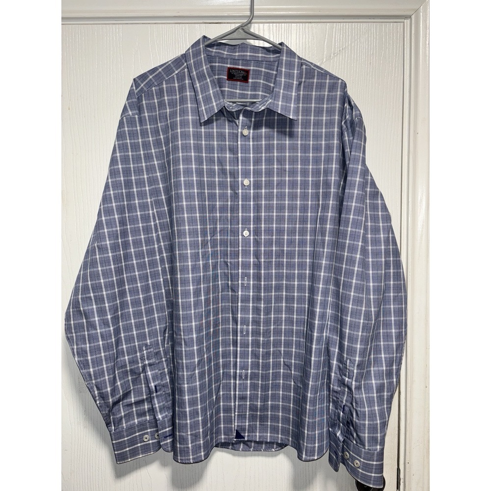 Untuckit Mens Button Shirt Blue Check 3XL Nylon Blend Long Sleeve Collar
